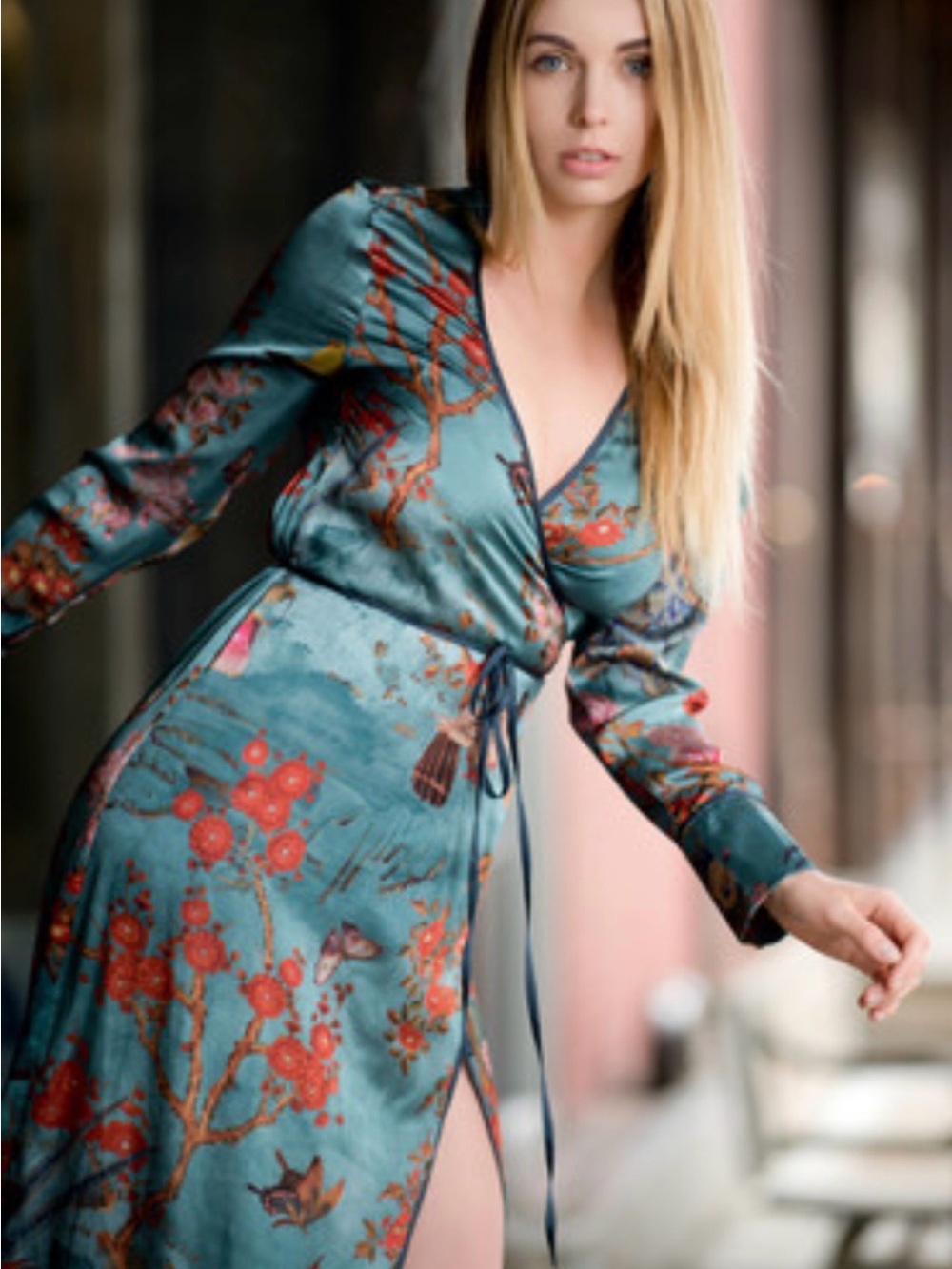 Zara Teal Floral Wrap Dress with Red Floral Print